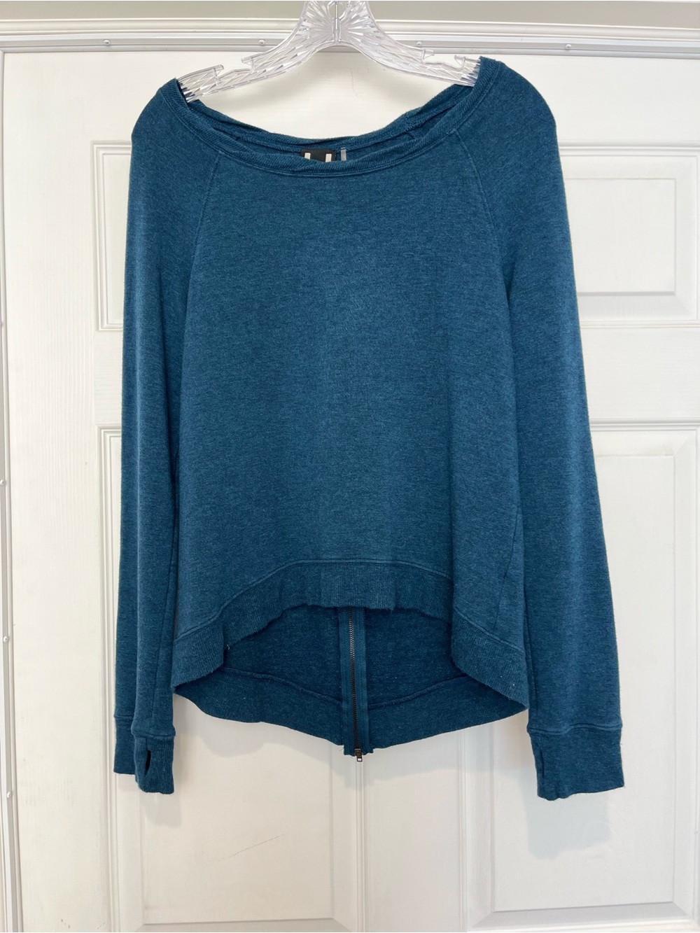 H by Bordeaux | Blue Zipper Back Long Sleeve Thumbhole Sweater, Small